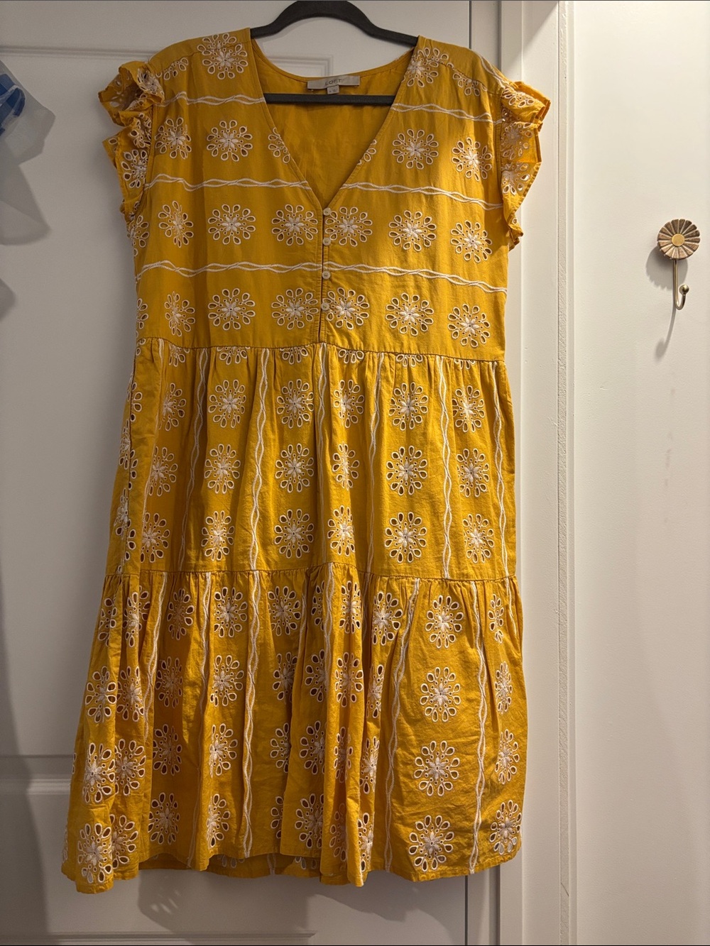 LOFT Yellow Eyelet Tiered V-Neck Dress